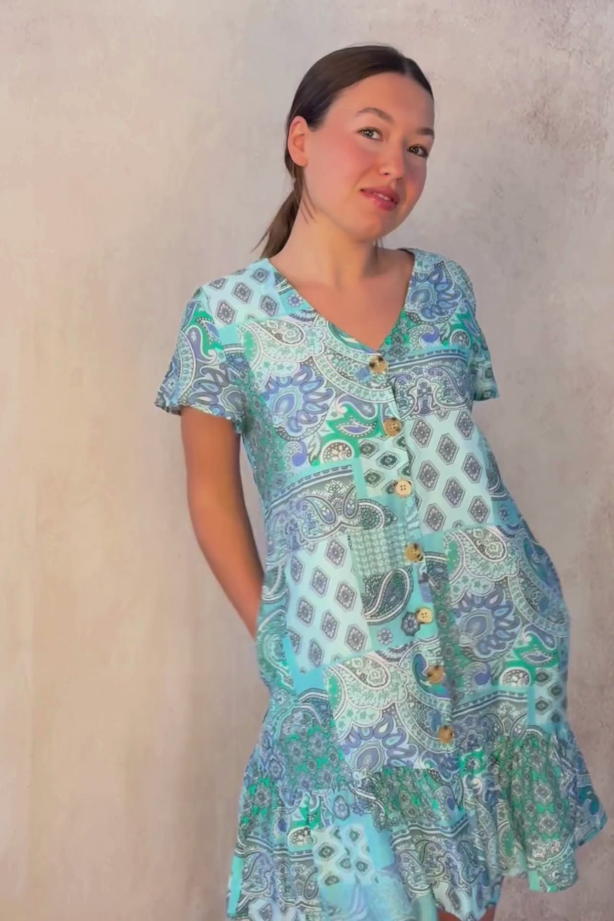 Sabine Boho Paisley Mini Dress - V-Neck, Button Down, Short Sleeve