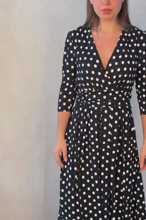Evelyn Polka Dot Stretch Wrap Midi Dress