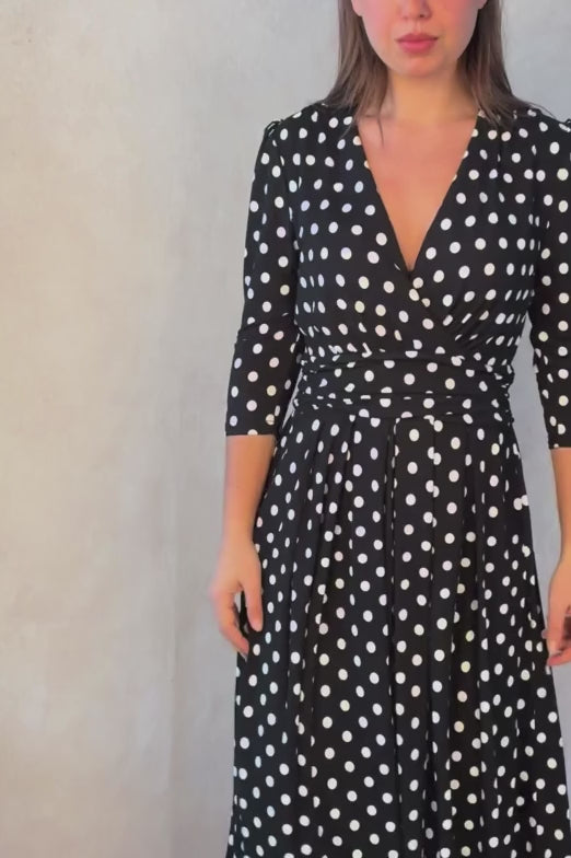 Evelyn Polka Dot Wrap Midi Dress 3/4 Sleeve V-Neck Pockets Elegant