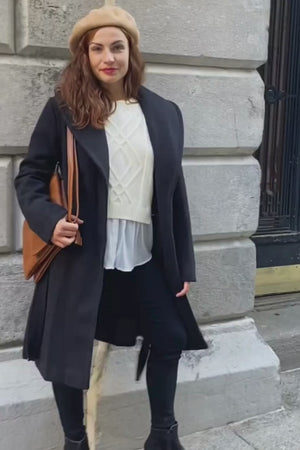 Hazel Manteau Portefeuille Croisé Noir Col Châle Ceinturé Poches Femme