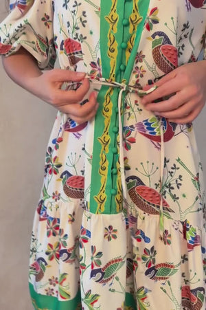 Leontine Boho Bird Print Dress Bell Sleeves Belt