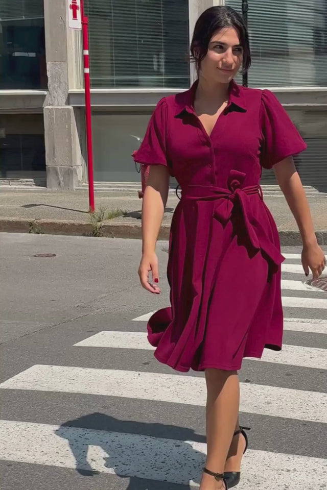 Coralie Tie-Waist Fit-and-Flare Dress with Bell Sleeves