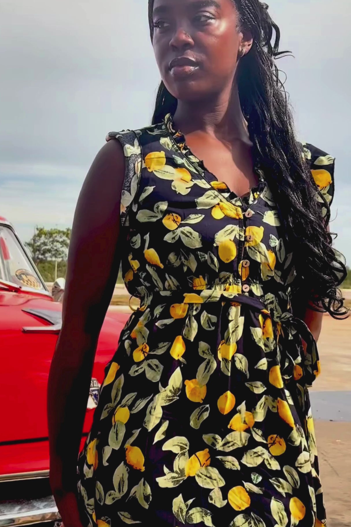 Natasha Robe Courte  Imprimé Citrons Poches & Ourlet Froncé