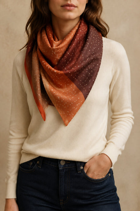 Foulard carré rouille à blocs porté par une mannequin ONZE