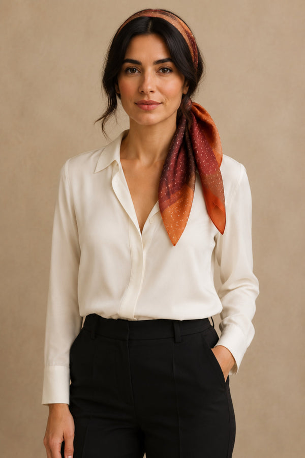 Foulard carré rouille à blocs porté dans les cheveux