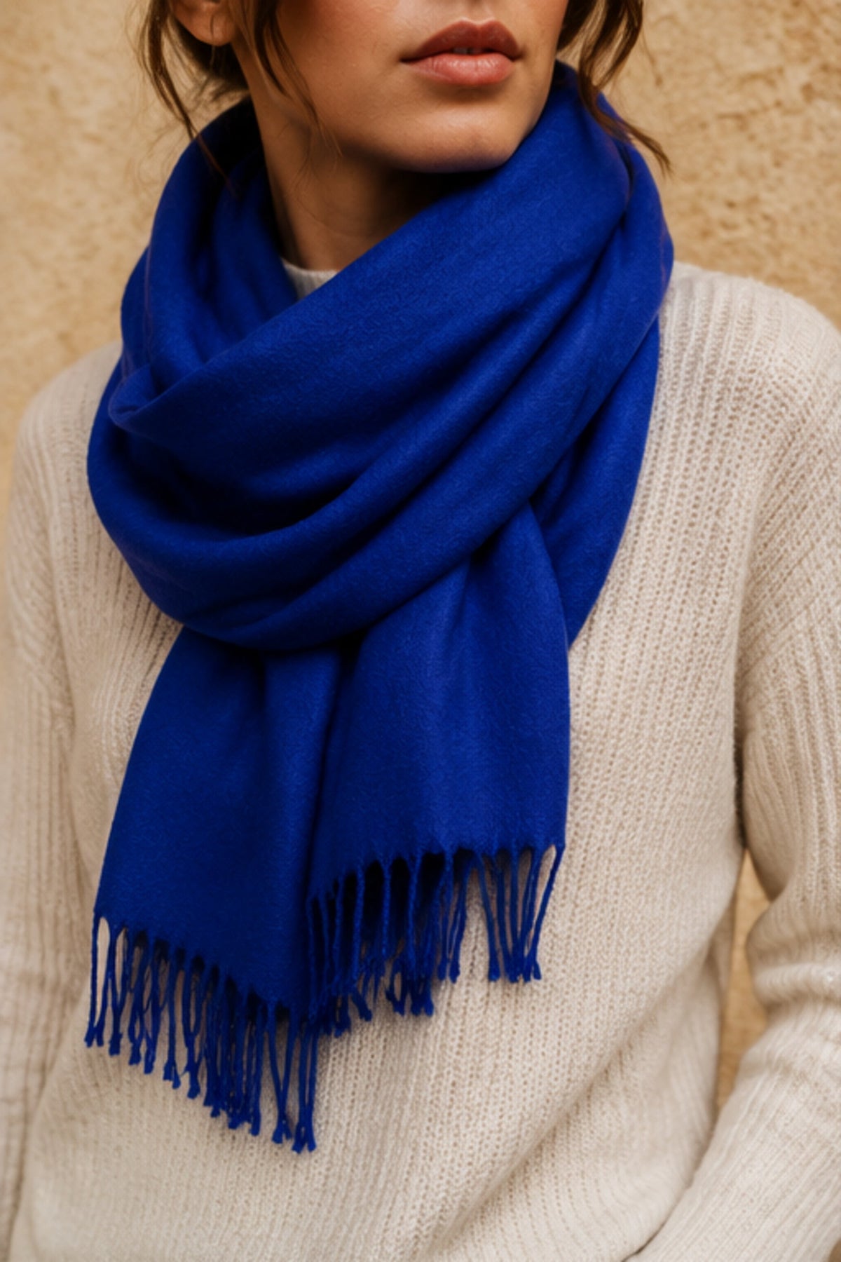 Sapphire Blue Fringe Scarf styled for an ONZE studio cover