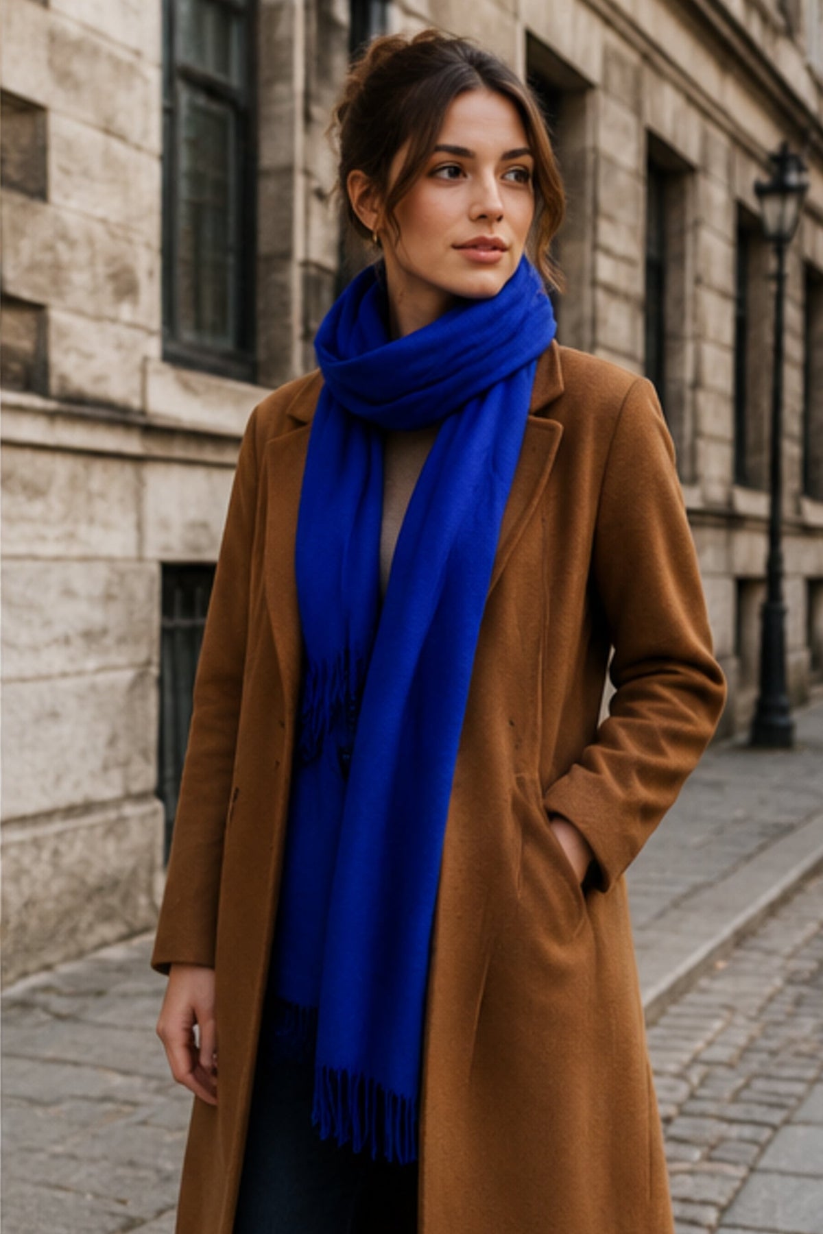 Sapphire Blue Fringe Scarf worn in Old Montréal
