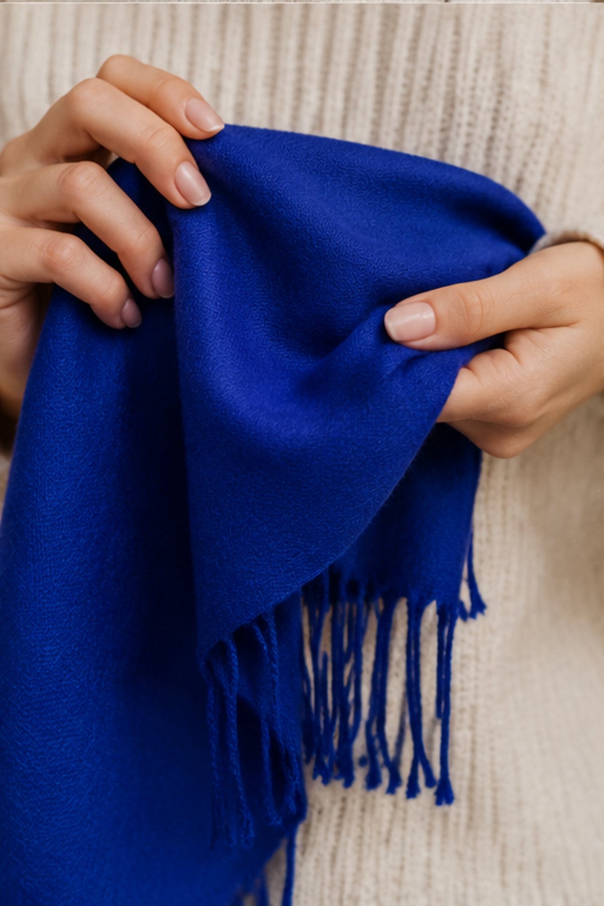 Close-up detail of Sapphire Blue Fringe Scarf