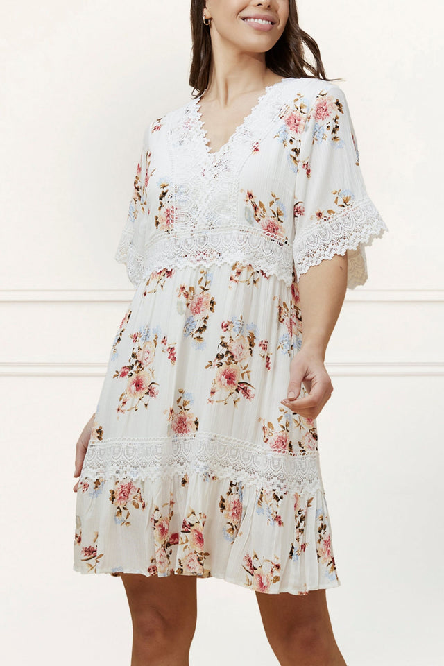 Sara Robe Courte Imprimé Floral Brodé Blanc