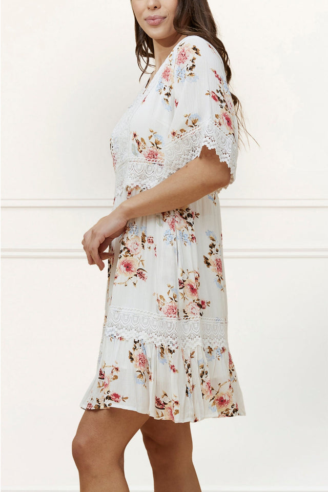 Sara Robe Courte Imprimé Floral Brodé Blanc