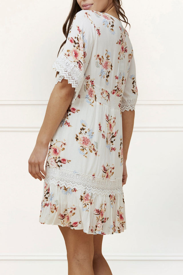 Sara Robe Courte Imprimé Floral Brodé Blanc