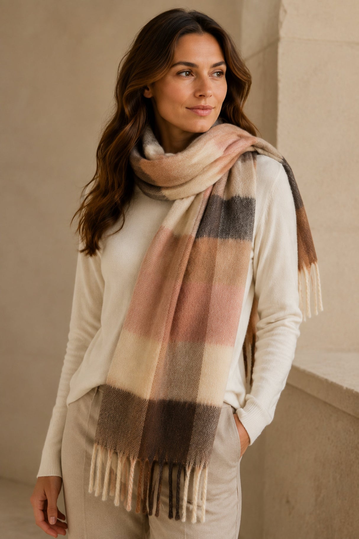 Portrait avec foulard à carreaux beige et camel à franges