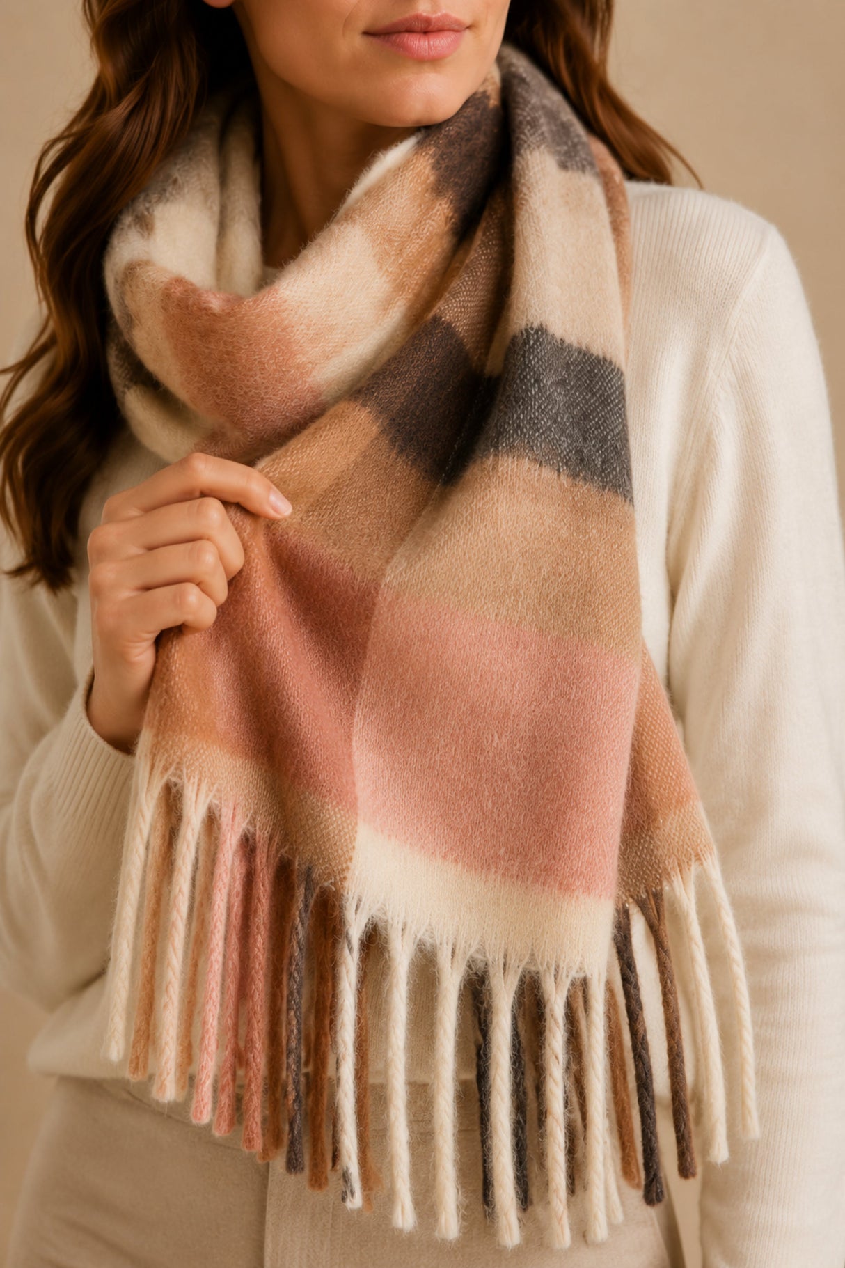 Détail du tissu et des franges du foulard beige et camel