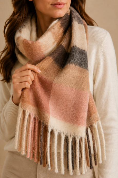 Détail du tissu et des franges du foulard beige et camel