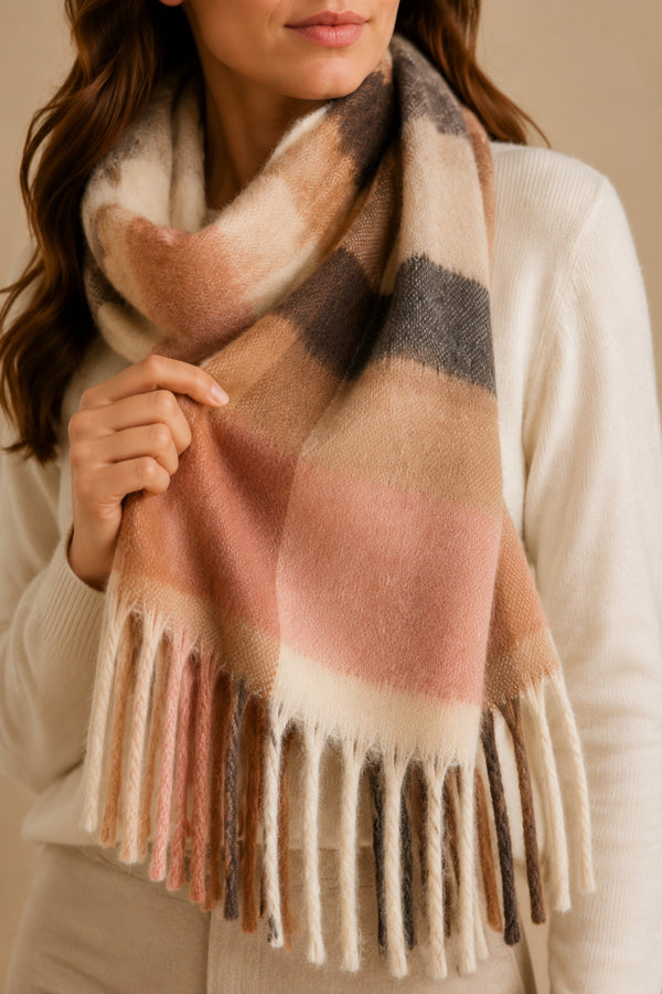 Détail du tissu et des franges du foulard beige et camel