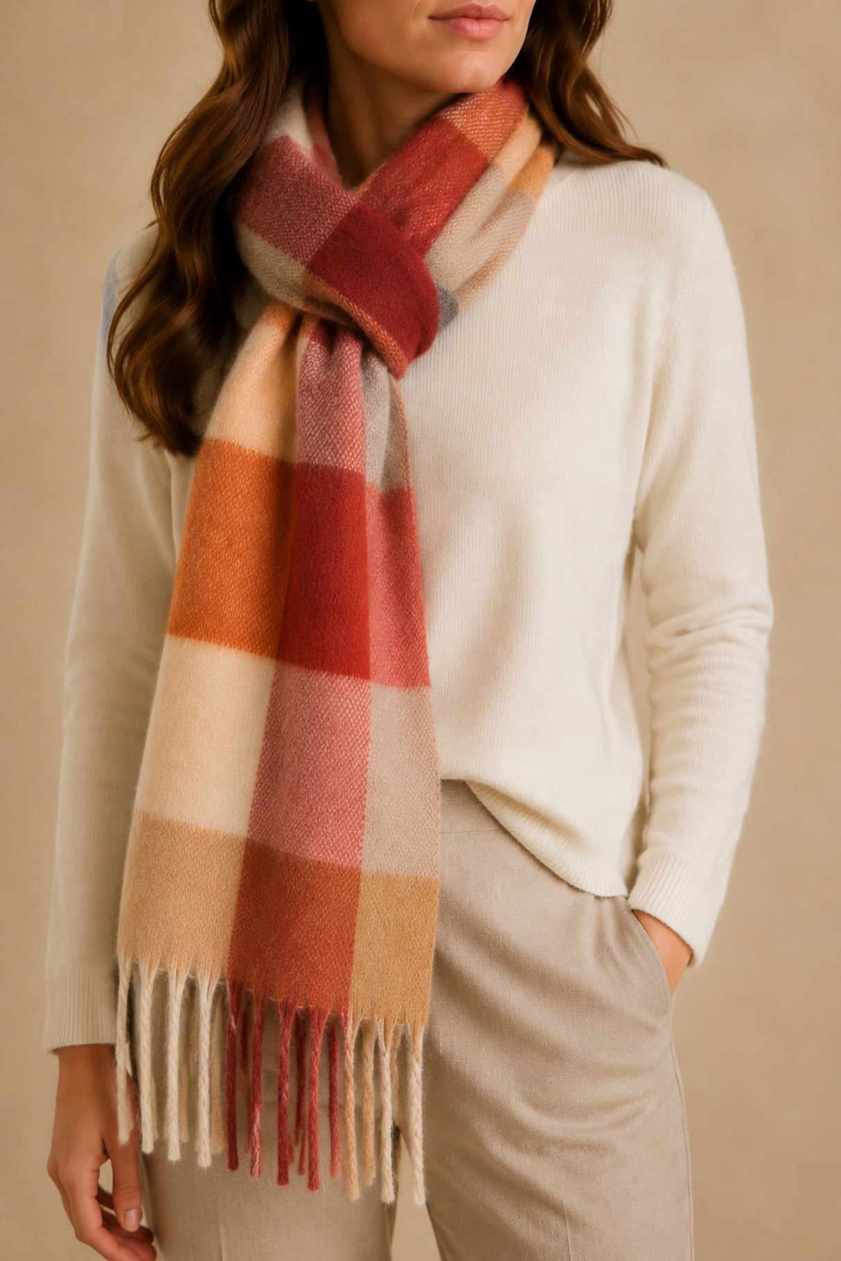 Foulard à carreaux corail et crème porté autour du cou par une mannequin ONZE