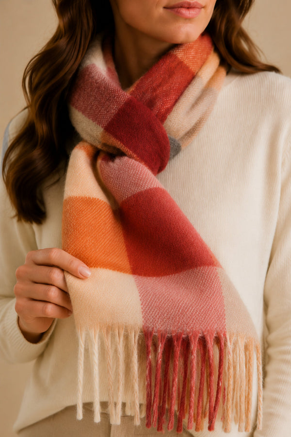 Détail du tissu et des franges du foulard corail et crème