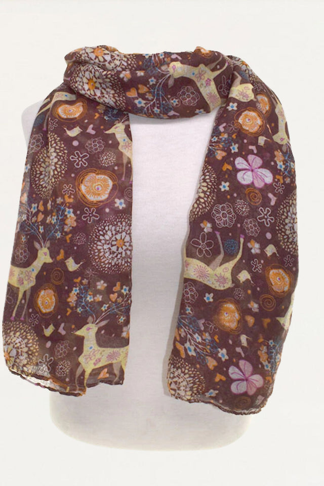 Scarf Lightweight Deer Forest Animal Print - Onze Montreal Brown Onze Montreal