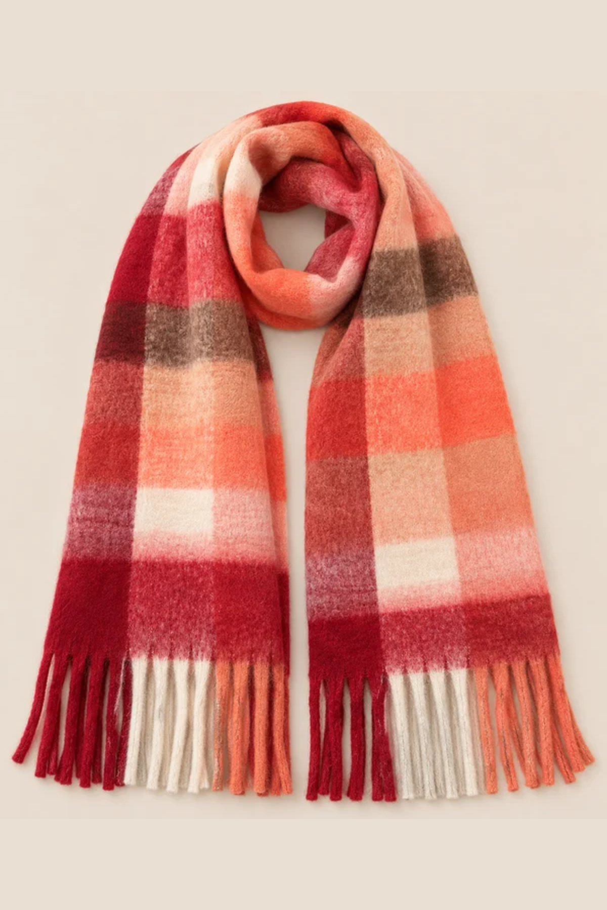 Foulard à carreaux corail et crème à franges