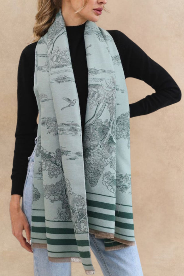 Scenic Print Scarf with Striped Border
