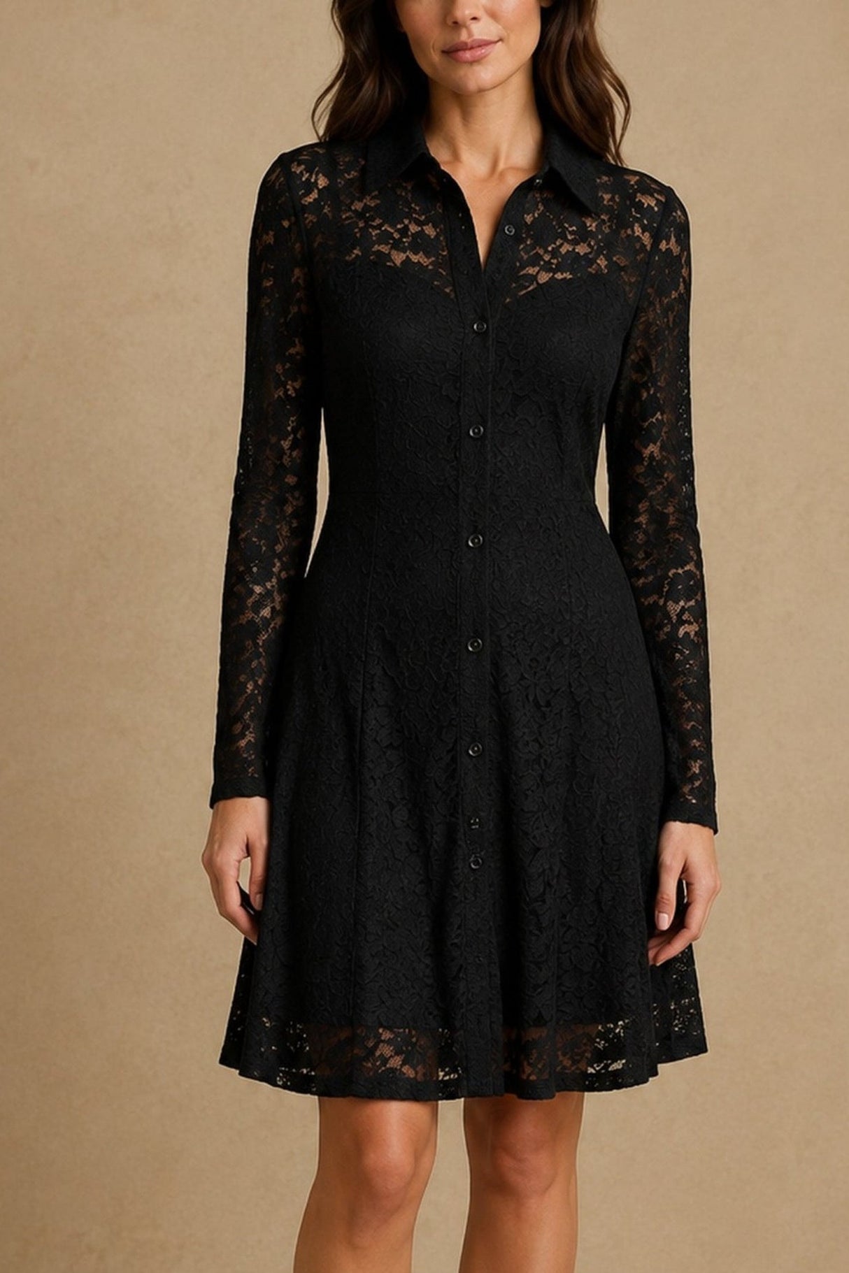 Skylar black stretch lace shirt dress front view