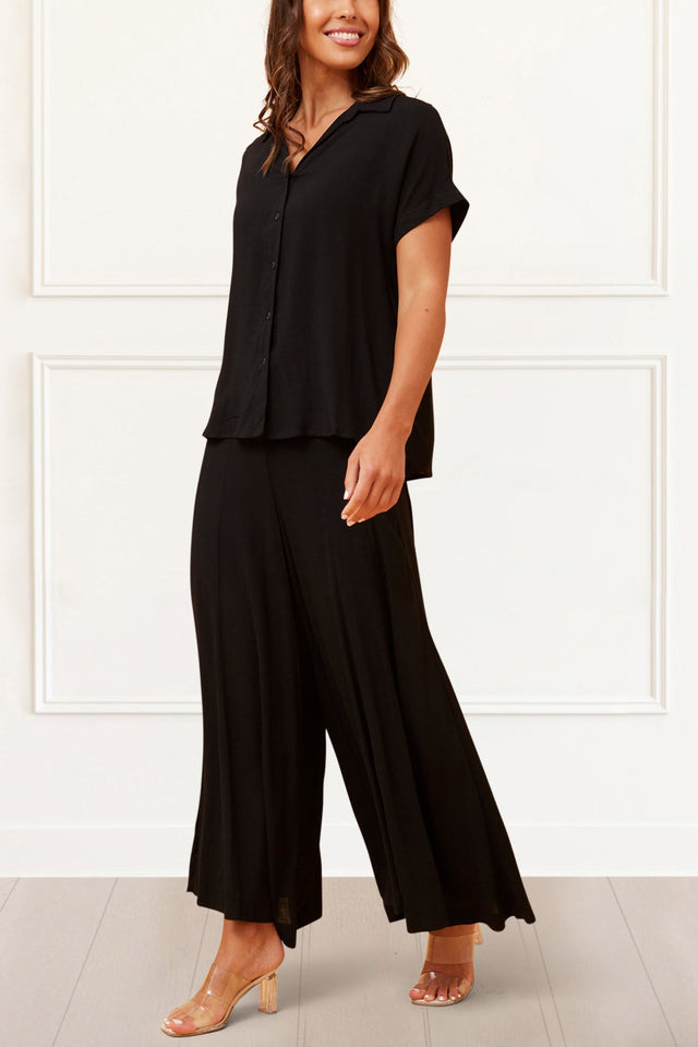 Solange Pantalon Palazzo Lin Taille Élastique Noir