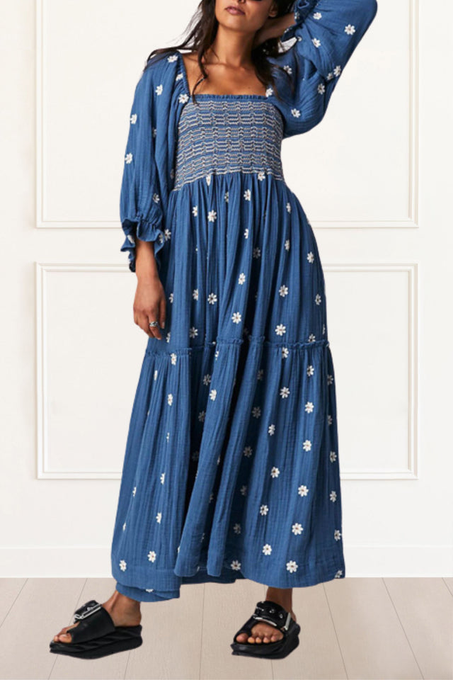 Theresa Midi Dress Embroidered Ditsy Flower Long Sleeves