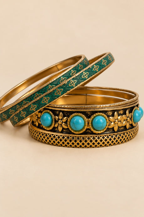 Turquoise-tone and gold-tone vintage-inspired bangle set shown in a detailed alternate arrangement on a beige background.
