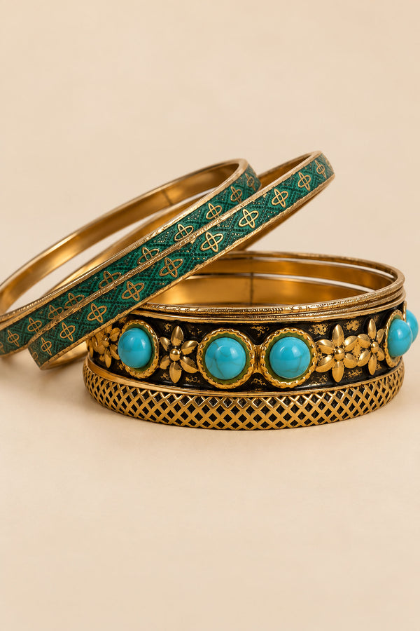 Turquoise-tone and gold-tone vintage-inspired bangle set shown in a detailed alternate arrangement on a beige background.