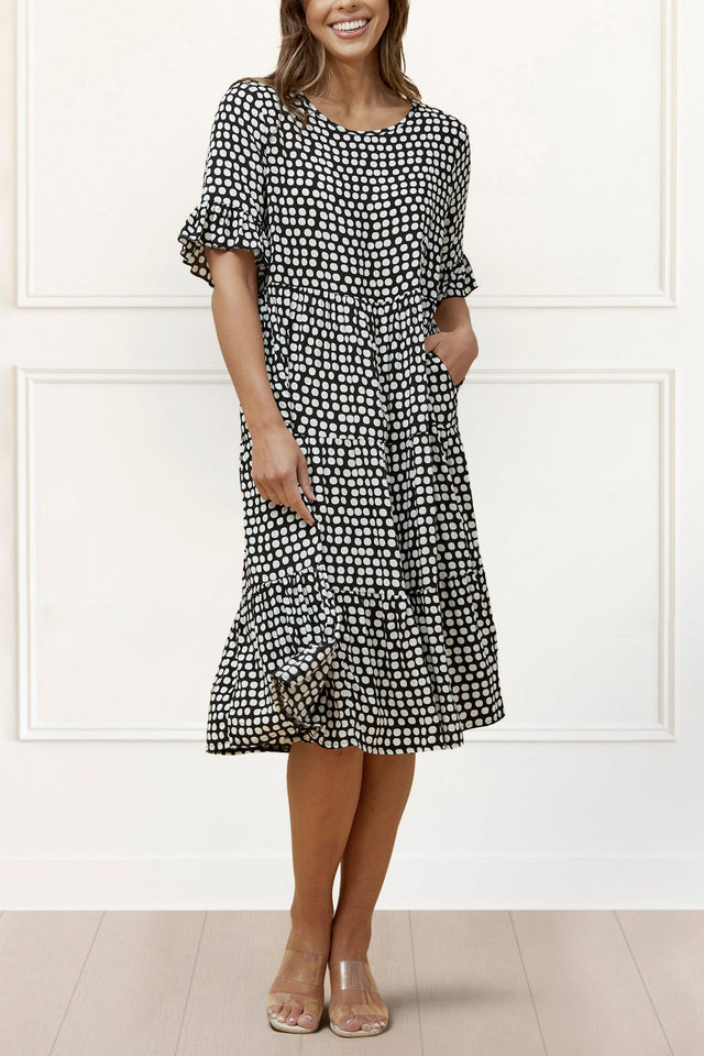 Vanessa Midi Dress A-Line Polka Dot Tiered Skirt