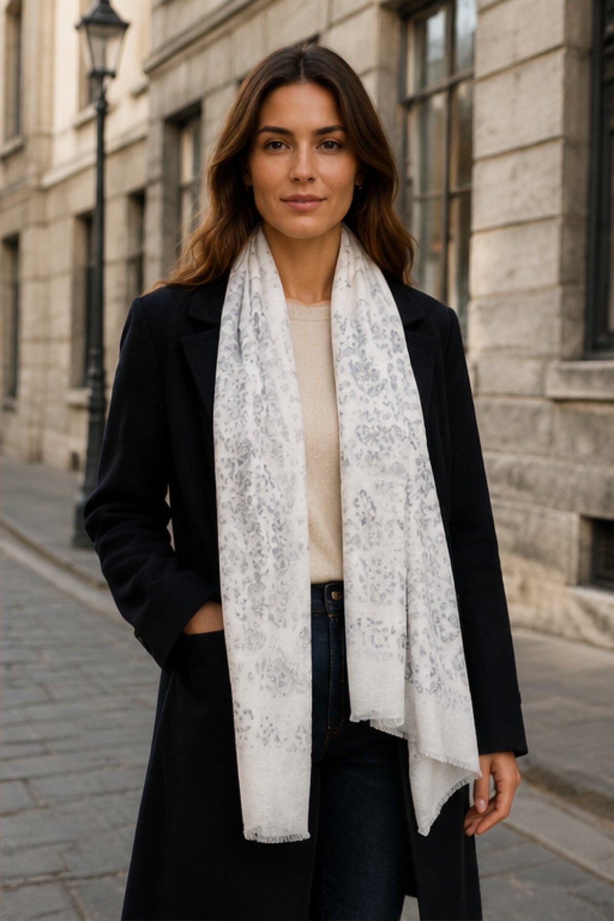 White Animal-Print Long Scarf worn in Old Montréal