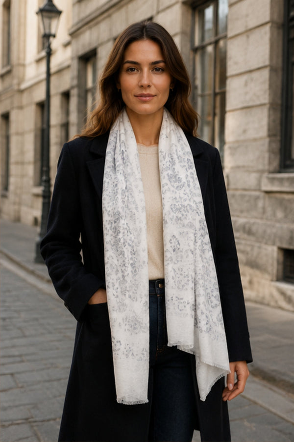 White Animal-Print Long Scarf worn in Old Montréal