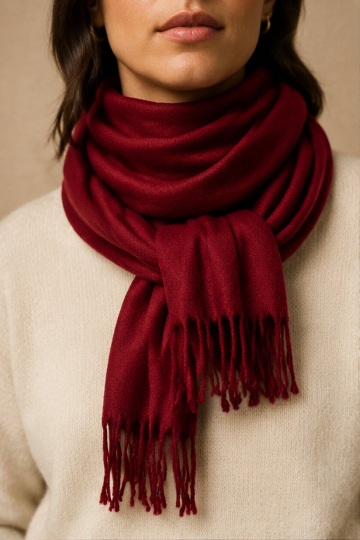 Wine Red Fringe Scarf styled for an ONZE studio cover