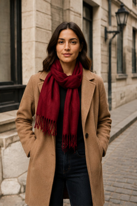 Wine Red Fringe Scarf worn in Old Montréal