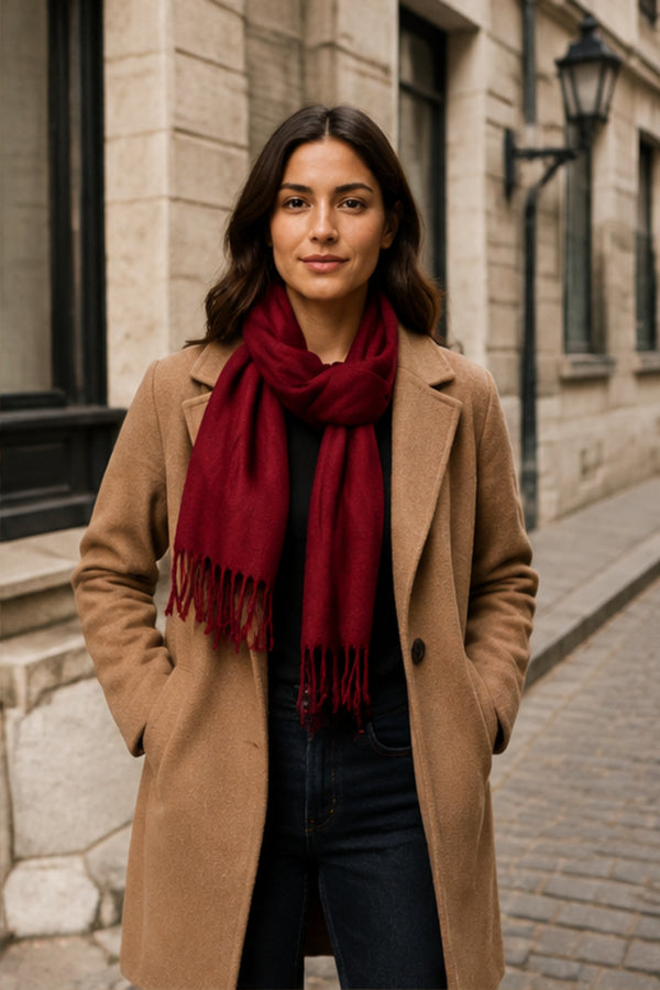 Wine Red Fringe Scarf worn in Old Montréal
