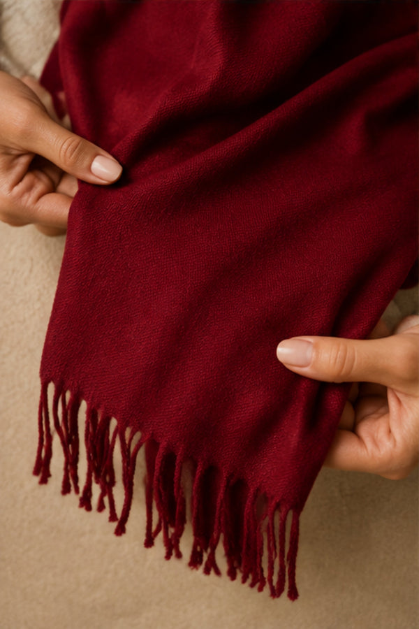 Close-up detail of Wine Red Fringe Scarf